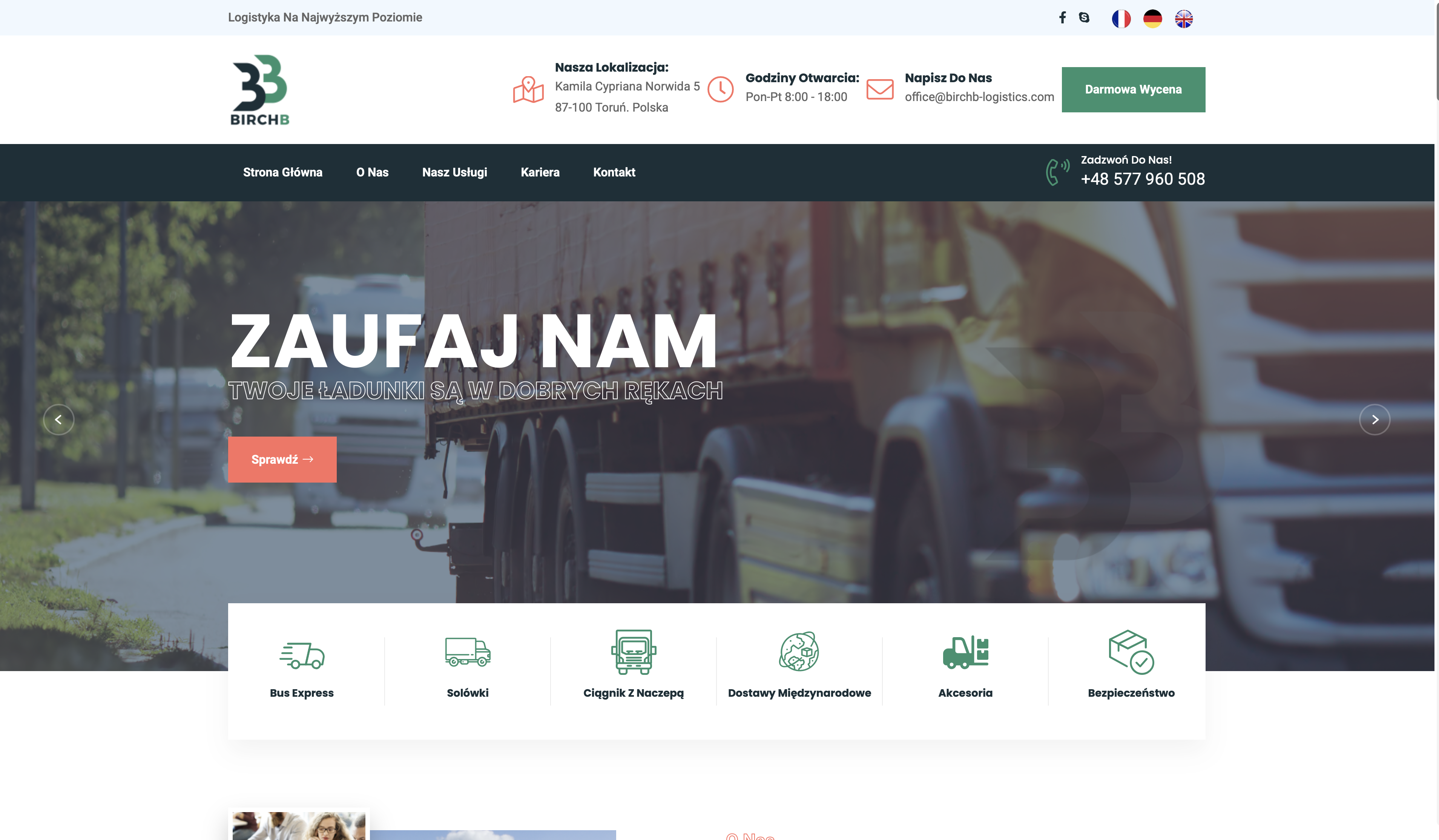 Strona firmowa BirchB Logistics wykonana przez eVotis