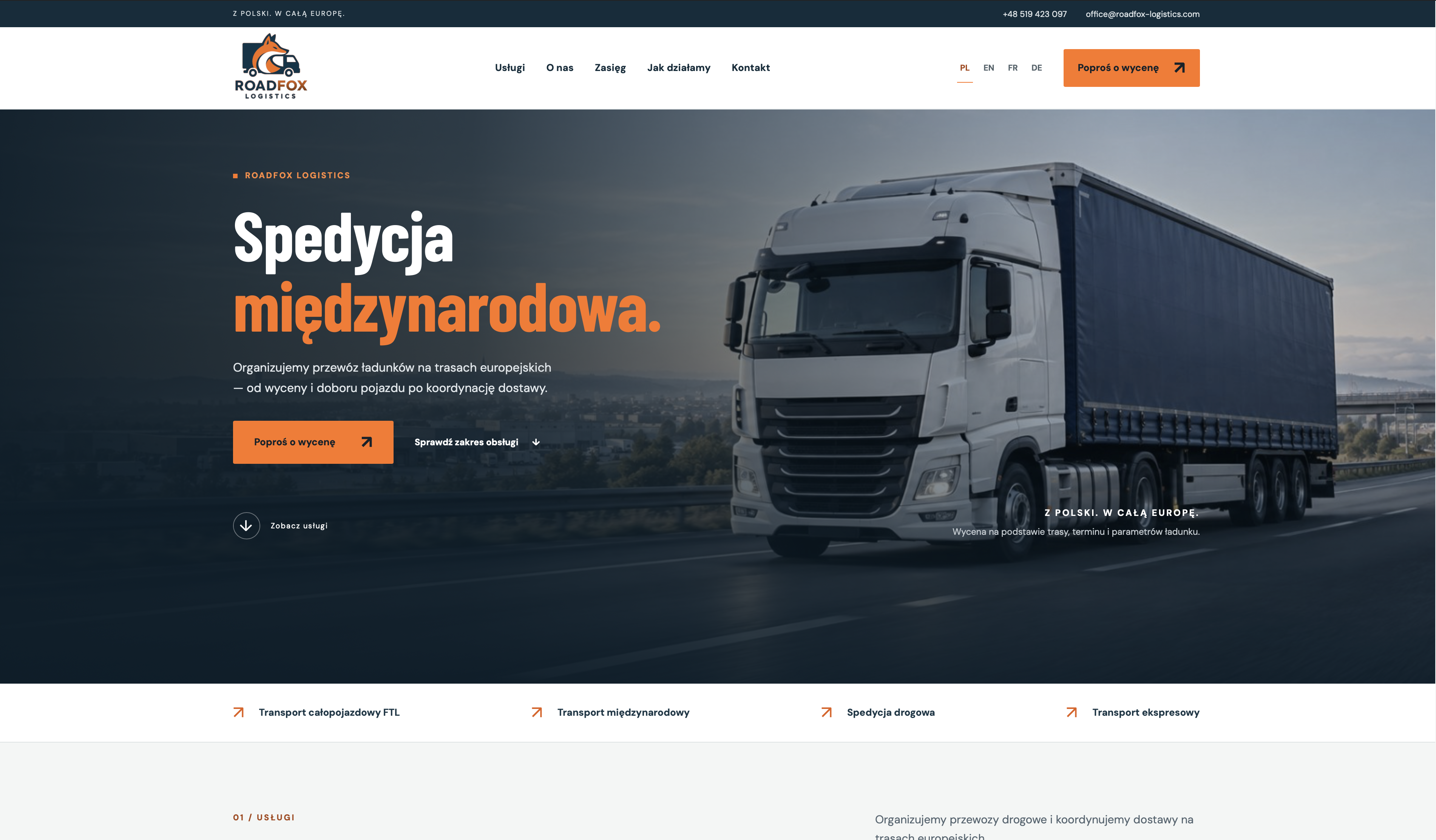 Strona firmowa RoadFox Logistics wykonana przez eVotis